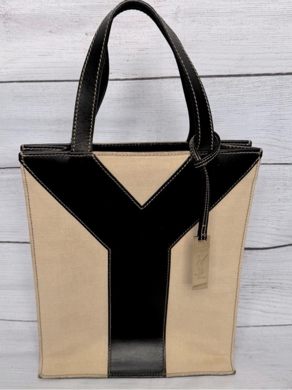 Yves Saint Laurent Beige Canvas Tote with Black Leather Y Motif